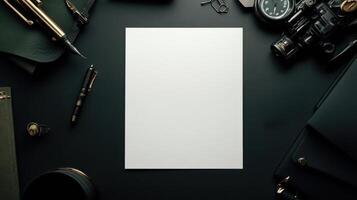 plano laico de blanco sábana de blanco papel en oscuro escritorio con herramientas foto