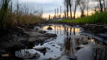 polluted waterway reflecting industrial structures at sunset photo