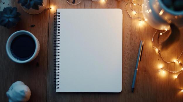 clean notebook page surrounded by cozy decor and warm lights photo