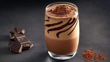 frothy glass of rich chocolate milk topped with cocoa powder and chocolate photo