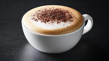 A cappuccino with a white cup on a black table photo