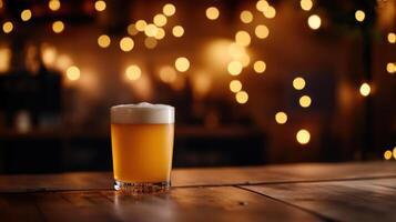 frosty pint of golden beer with foam, glowing in warm lights photo
