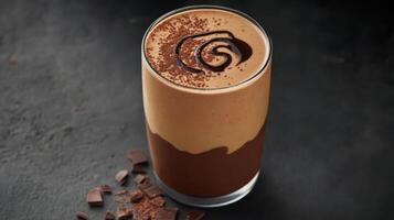 frothy glass of freshly made chocolate milk with rich texture and cocoa swirl photo