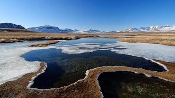 frozen landscape with pools of water reflecting clear blue sky photo