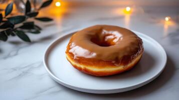 A glazed donut on a white plate photo