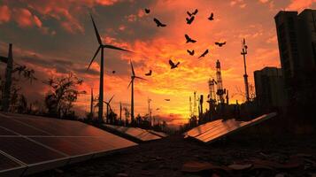 A sunset with wind turbines and solar panels photo