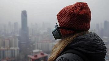 person wearing mask and red beanie gazes at foggy cityscape photo