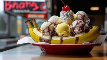 A banana split with ice cream and cherries photo