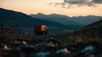 A dump truck is driving down a mountain road photo