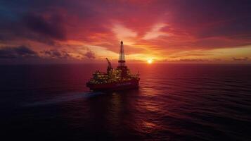 giant oil drilling rig at sunset in ocean, showcasing vibrant colors and tranquility photo