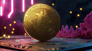 Bitcoin on a circuit board with neon lights photo
