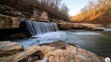 serene waterfall cascading over rocks in tranquil forest setting photo