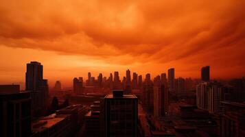 dramatic skyline under orange sky, showcasing futuristic cityscape photo