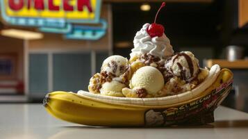 giant banana split topped with ice cream, whipped cream, and cherry photo