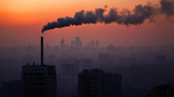 smoky skyline at sunset, showcasing pollution in cityscape photo