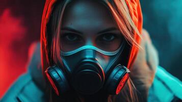 A woman wearing a gas mask and red hoodie photo