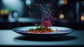 Futuristic meal with vibrant colors served on holographic plate, showcasing culinary art photo