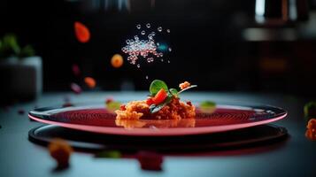 futuristic meal presented on holographic plate with vibrant colors photo