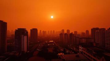 dystopian city skyline under orange sunset, showcasing pollution photo