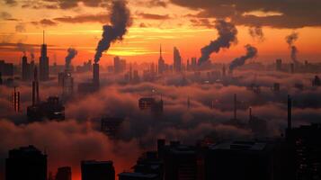 A city with smoke coming out of the chimneys photo
