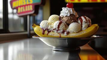 A banana split with ice cream and toppings photo