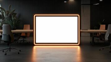 modern office space featuring glowing digital frame, ideal for presentations photo