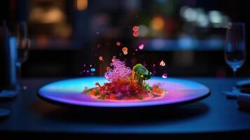 futuristic meal served on holographic plate with vibrant colors and bubbles photo