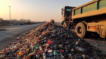 large pile of discarded plastic bottles at waste disposal site photo