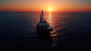 giant oil drilling rig at sunset in ocean, creating serene atmosphere photo