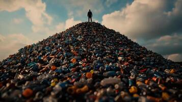 person stands on giant pile of discarded plastic bottles, symbolizing waste photo