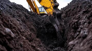Excavator digging deep into dark soil, revealing layers of earth photo