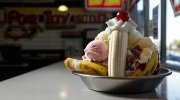 A bowl of ice cream with bananas and a cherry on top photo
