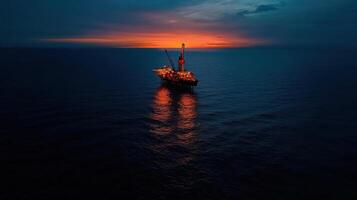 giant oil drilling rig illuminated at sunset over ocean photo