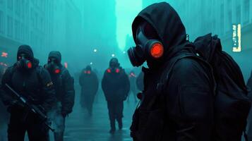 A group of people wearing gas masks walking down a street photo