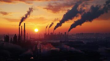 sunset over futuristic city with industrial smokestacks emitting pollution photo