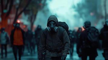 masked figure walks through polluted city during protest, evoking concern photo