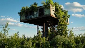 Futuristic abandoned structure overgrown with greenery and blue sky photo