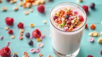 glass of milk topped with colorful cereal and fruits on blue table photo
