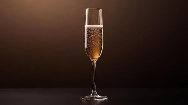 glass of sparkling champagne with fine bubbles on dark background photo