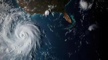 gigantic hurricane forming over ocean, showcasing powerful winds and swirling clouds photo