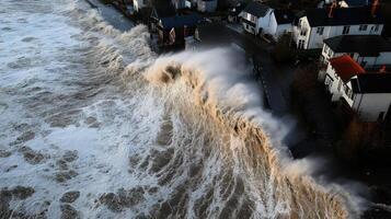 giant wave crashing over coastal village, homes affected by storm photo