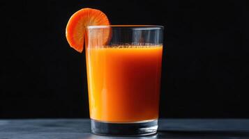 A glass of orange juice with a slice of orange photo