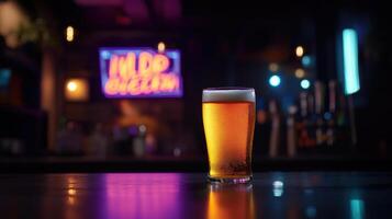 glass of refreshing golden beer with frothy top in bar setting photo