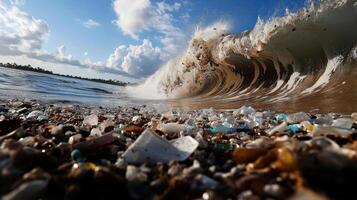 giant wave crashing onto beach, revealing debris and colorful stones photo