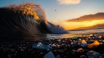 giant wave crashing onto beach at sunset, with colorful debris scattered photo