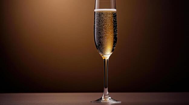 A glass of champagne on a table with a brown background photo
