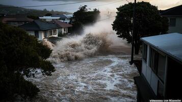 giant wave crashing over homes in coastal village during storm photo