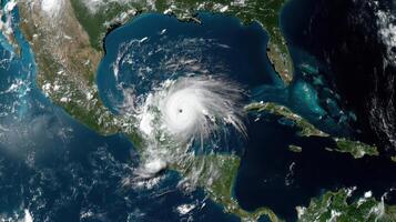 gigantic hurricane forming over ocean, showcasing its powerful structure and swirling clouds photo