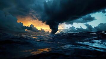 giant waterspout swirling over sea during dark stormy sunset photo
