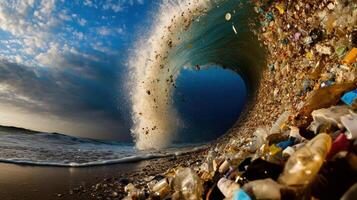 giant wave crashes onto beach, carrying plastic waste and debris photo